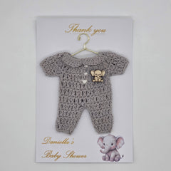 Handmade Elephant Baby Shower Party Favor | Personalized Mini Crochet Party Gift | Set of 6 Chic Grey Romper Thank You Cards